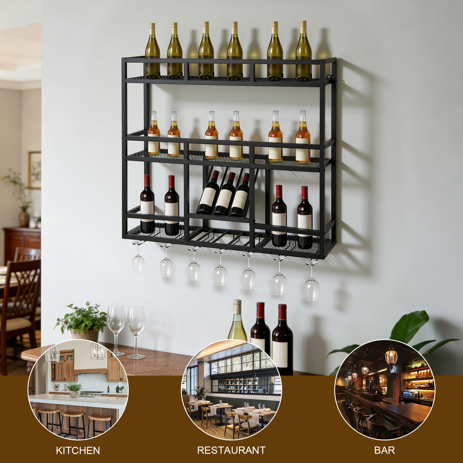 Wall Shelf Commercial Kitchen - 3 Tiers Floating Wine Bottle Stand