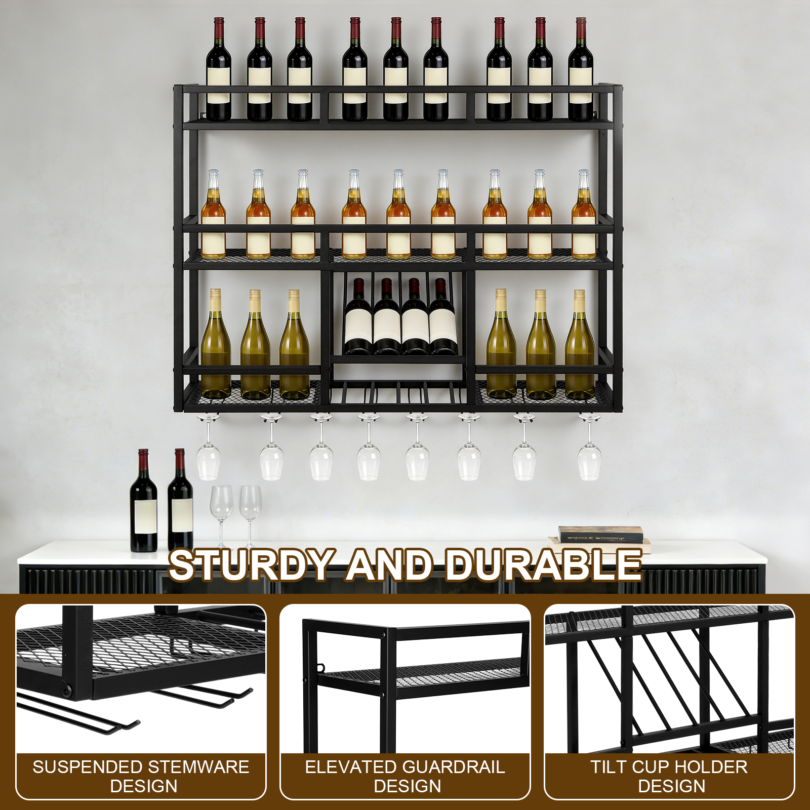 3 Tiers Wall Mounted Wine Rack - Wall Shelf Commercial Kitchen avis et prix