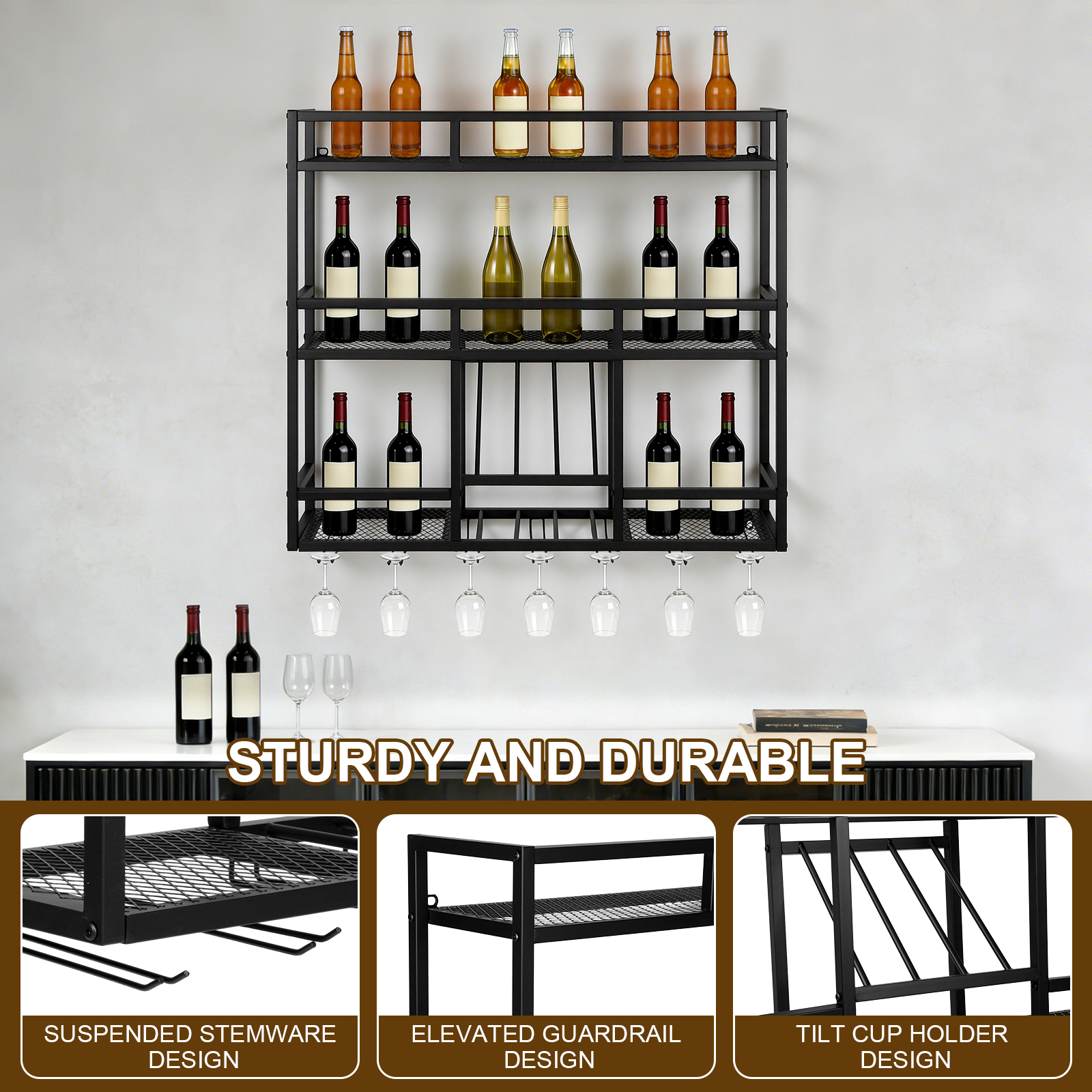 3 Tiers Wall Mounted Wine Rack - Wall Shelf Commercial Kitchen avis et prix